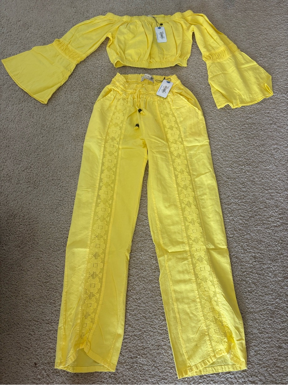 SeaSpice Matching Set! Yellow Lace-Trim Wide Leg Pants and Crop Top - Women